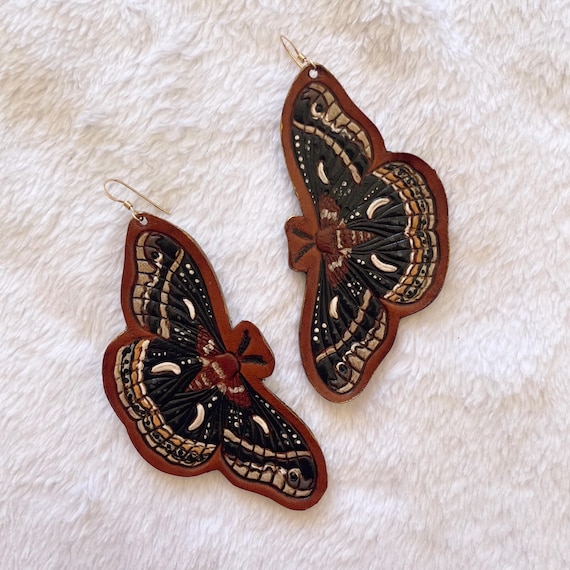 Large Leather Moth Earrings - Tooled Leather - Hand Painted -Gift for Her - Dangle Earrings - Gold Earrings