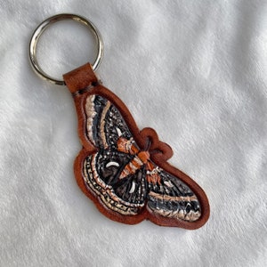 Vintage Style Moth Keyfob - Tooled Leather - Hand Painted Leather Butterfly Keychain - Western Style - Unique Gift for Her - New Driver Gift