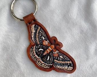 Vintage Style Moth Keyfob - Tooled Leather - Hand Painted Leather Butterfly Keychain - Western Style - Unique Gift for Her - New Driver Gift