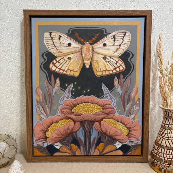 Original Moth and Flowers Oil Painting, READY TO SHIP -Original Wall Artwork, Bohemian Home Decor