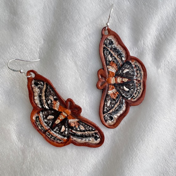 Vintage Style Leather Moth Earrings - Entomology Earrings - Hand Painted Butterfly - Butterfly Earrings - Leather Jewelry - Western Style