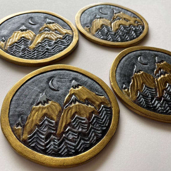 Moon and Mountain Leather Coaster Set - Handmade - Hand Tooled - Hand Painted - Cabin Decor