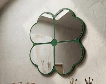 Quatrefoil Heart Wall Mirror: Clover Shape Scalloped Outline Symmetrical Rounded Lobed Hanging Home Art