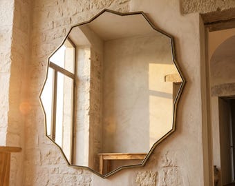 Scalloped Flower Wall Mirror: Wavy Edge Symmetrical Outline Decorative Statement Hanging Decor