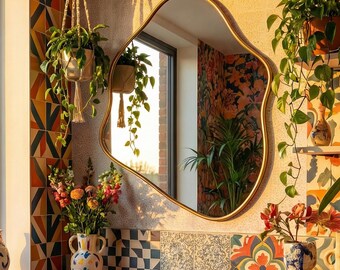 Organic Asymmetrical Wall Mirror: Irregular Freeform Shape Wavy Edge Curved Outline Abstract Statement Decor