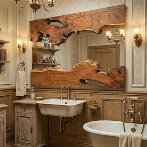 May include: A rustic bathroom with a large, uniquely shaped wooden mirror as the focal point. The room features a white sink, a claw-foot bathtub, and wooden cabinetry. The walls are paneled with wood and adorned with sconces and a chandelier.