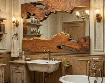 Live Edge Olive Wood Wall Mirror: Rustic Timber Slab Natural Grain Handmade