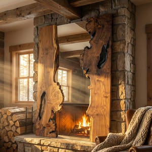 May include: A rustic fireplace with a stone hearth and wooden mantel. The mantel features two large, live-edge wood slabs. A fire burns in the hearth, and a leather armchair with a blanket sits nearby. Sunlight streams through a window.