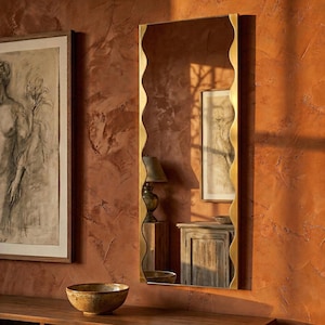 Wavy Edge Full Length Wall Mirror: Vertical Rectangle Scalloped Side Curved Statement Hanging Decor