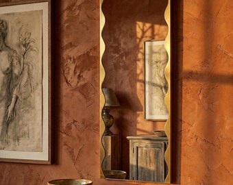Wavy Edge Full Length Wall Mirror: Vertical Rectangle Scalloped Side Curved Statement Hanging Decor