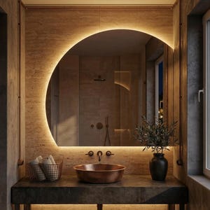 May include: A modern bathroom design featuring a large, round mirror with integrated lighting. Below the mirror is a copper sink and faucet set, a dark countertop, and a decorative vase. The overall color scheme is warm, with neutral tones and copper accents.
