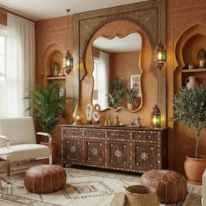 Gewellter Wandspiegel: Goldrahmen unregelmäßiges Rechteck Vintage klassischer Stil marokkanisch inspiriert