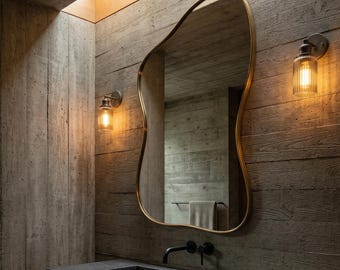 Espelho de parede orgânico irregular: formato assimétrico, borda ondulada, abstrato, peça decorativa para pendurar.