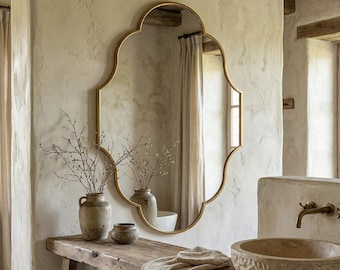 Moroccan Quatrefoil Wall Mirror: Gold Wavy Frame, Scalloped Vintage Home Decor Art