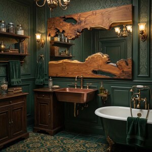 May include: A luxurious bathroom with dark green walls and patterned flooring. Features include a large wooden mirror, a copper sink, a claw-foot bathtub, and antique-style fixtures. Shelves hold jars and books, enhancing the classic aesthetic.