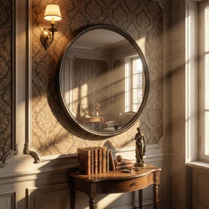 Peut inclure: Un miroir rond à cadre sombre est accroché à un mur orné de papier peint. Une table en bois présente des livres, une statue et une petite lampe. La pièce est éclairée par la lumière naturelle d'une fenêtre et d'une applique murale.
