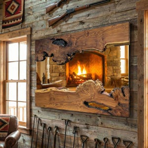 May include: A large, rectangular mirror with a live edge wooden frame. The mirror reflects a cozy fireplace with a roaring fire. The frame is made of natural wood with unique knots and textures, adding a rustic touch to the decor.