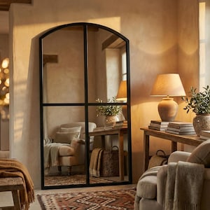 Arched Windowpane Floor Mirror: Grid Frame Full Length Leaning Oversized Statement Decor