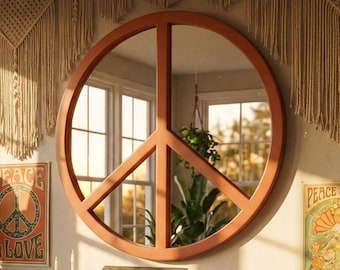 Round Peace Sign Wall Mirror: Iconic Symbol Circular Grid Accent Room Decor