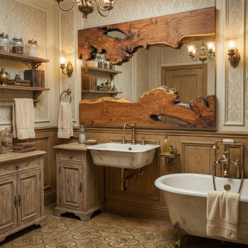 May include: A rustic bathroom with a large, uniquely shaped wooden mirror as the focal point. The room features a white sink, a claw-foot bathtub, and wooden cabinetry. The walls are paneled with wood and adorned with sconces and a chandelier.
