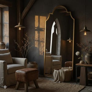 Puede incluir: Un gran espejo con marco dorado y parte superior arqueada en una habitaci&oacute;n con poca luz. La habitaci&oacute;n presenta una paleta de colores neutros con una alfombra beige, un otom&aacute;n de cuero marr&oacute;n y dos sillones beige. L&aacute;mparas decorativas cuelgan del techo.