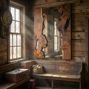 May include: A large, rustic wooden mirror with a live edge, mounted on a wooden wall. The mirror's irregular shape and natural wood grain are prominent. The room features a wooden bench, vintage suitcases, and a clock, creating a vintage aesthetic.