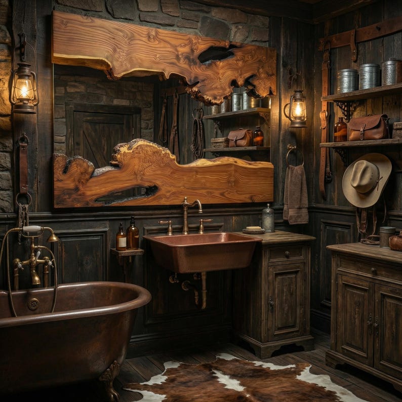 May include: Rustic bathroom with a copper bathtub and sink, wooden cabinets, and a large wooden mirror. The room features a cowhide rug, oil lamps, and shelves with leather bags and metal containers. The overall design has a vintage, Western aesthetic.