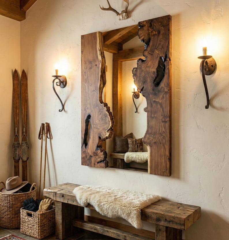 May include: A large, rustic wooden mirror with a live edge, mounted on a cream-colored wall. The mirror reflects a cozy interior with a bench, pillows, and a sheepskin rug. The room is decorated with vintage skis, a basket, and sconces.