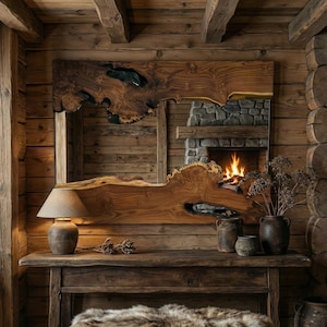 May include: A large, rustic wooden mirror with a live edge design. The mirror is set against a backdrop of wooden paneling and beams, with a fireplace visible in the reflection. A lamp and vases sit on a wooden table in front of the mirror.