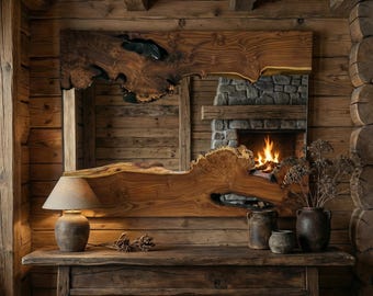 May include: A large, rustic wooden mirror with a live edge design. The mirror is set against a backdrop of wooden paneling and beams, with a fireplace visible in the reflection. A lamp and vases sit on a wooden table in front of the mirror.