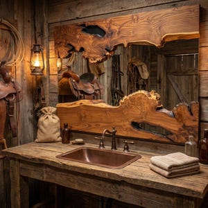 May include: Rustic bathroom with a wooden vanity, copper sink, and a large, uniquely shaped wooden mirror. The room features a saddle, rope, and lanterns, creating a Western theme. Towels are neatly stacked on the vanity.