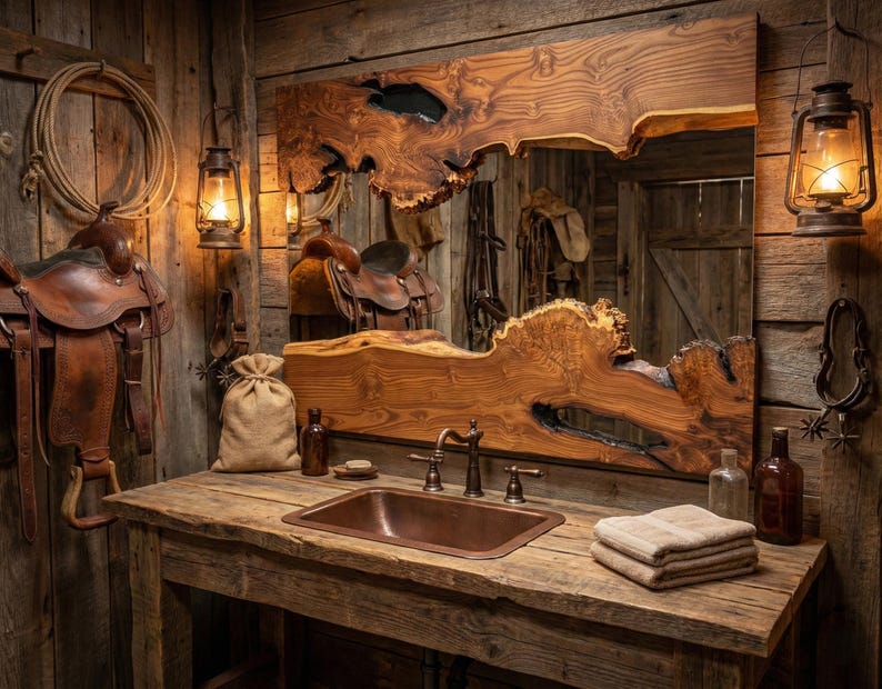 May include: Rustic bathroom with a wooden vanity, copper sink, and a large, uniquely shaped wooden mirror. The room features a saddle, rope, and lanterns, creating a Western theme. Towels are neatly stacked on the vanity.