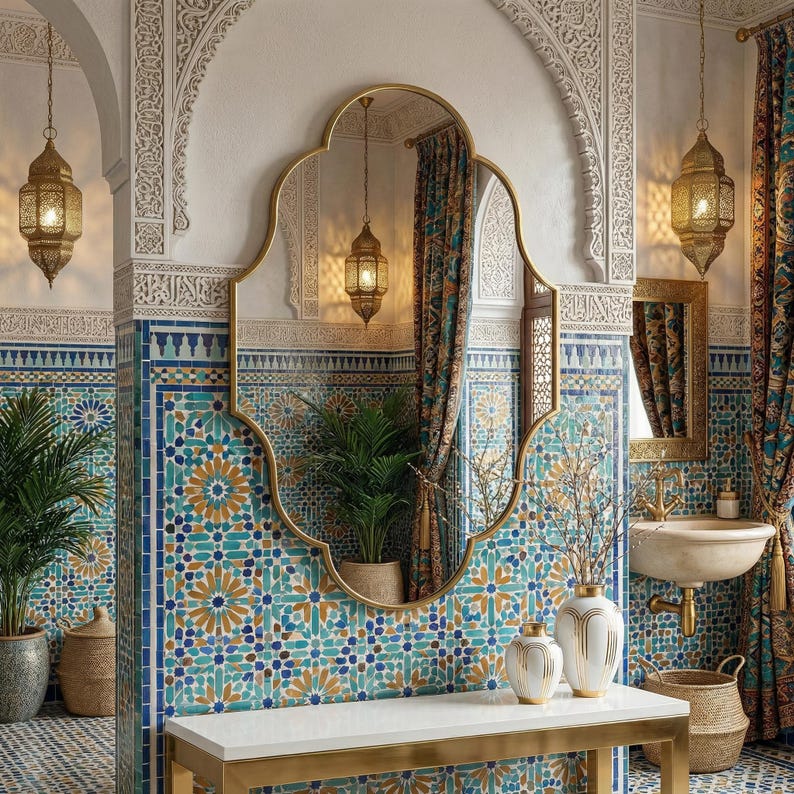 Quatrefoil Moroccan Mirror: Gold Wavy Frame, Scalloped Vintage Wall Decor image 1