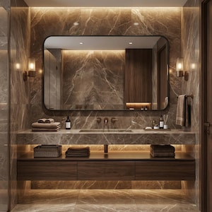 May include: A contemporary bathroom featuring a large, rectangular mirror with rounded edges. The walls and countertop have a marbled brown finish. The vanity is dark wood with drawers and a lower shelf. Towels and accessories are arranged.