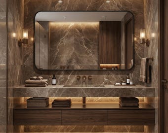 Puede incluir: Un baño moderno con un espejo grande y rectangular con esquinas redondeadas. Las paredes y la encimera son de mármol marrón. El mueble de baño es de madera oscura con cajones y una balda inferior. Toallas y accesorios están ordenados.