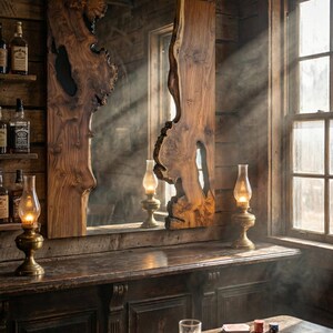 May include: A large, rustic wooden mirror with a live edge design hangs above a wooden bar. Two antique oil lamps illuminate the bar. A table with playing cards and poker chips sits in the foreground. The room has a warm, inviting atmosphere.