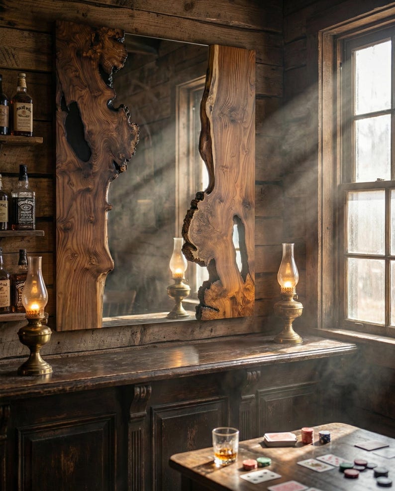 May include: A large, rustic wooden mirror with a live edge design hangs above a wooden bar. Two antique oil lamps illuminate the bar. A table with playing cards and poker chips sits in the foreground. The room has a warm, inviting atmosphere.