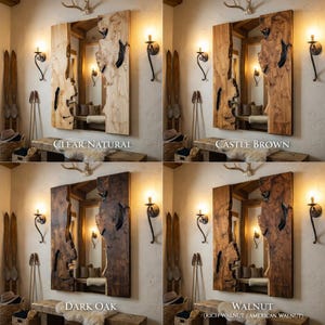 May include: A series of four wooden mirrors with a live edge design, each with a unique color: Clear Natural, Castle Brown, Dark Oak, and Walnut. The mirrors are rectangular with a natural, organic shape. The text on the image indicates the color of each mirror.