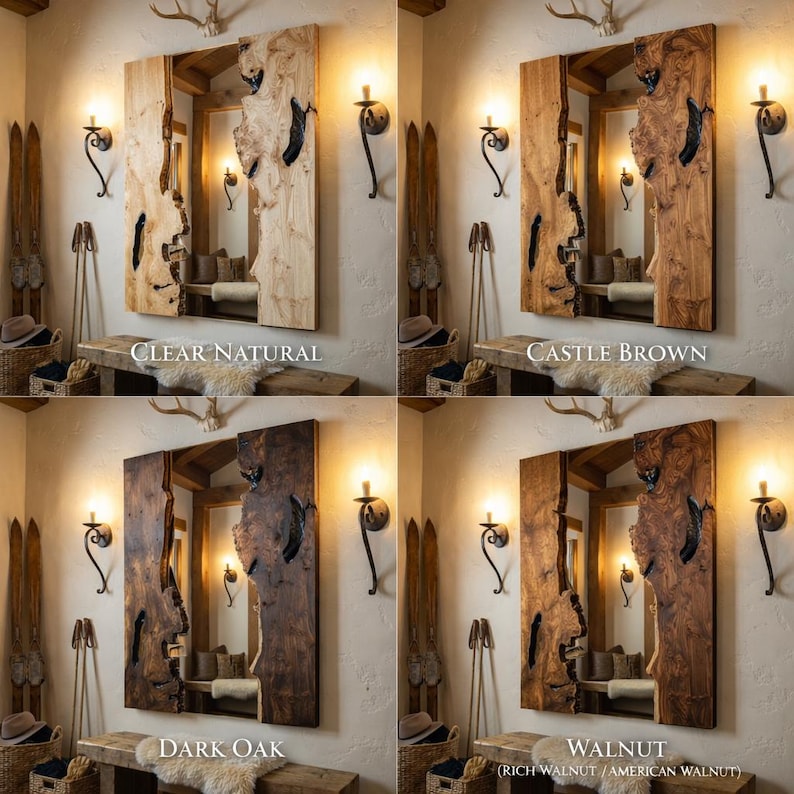 May include: A series of four wooden mirrors with a live edge design, each with a unique color: Clear Natural, Castle Brown, Dark Oak, and Walnut. The mirrors are rectangular with a natural, organic shape. The text on the image indicates the color of each mirror.