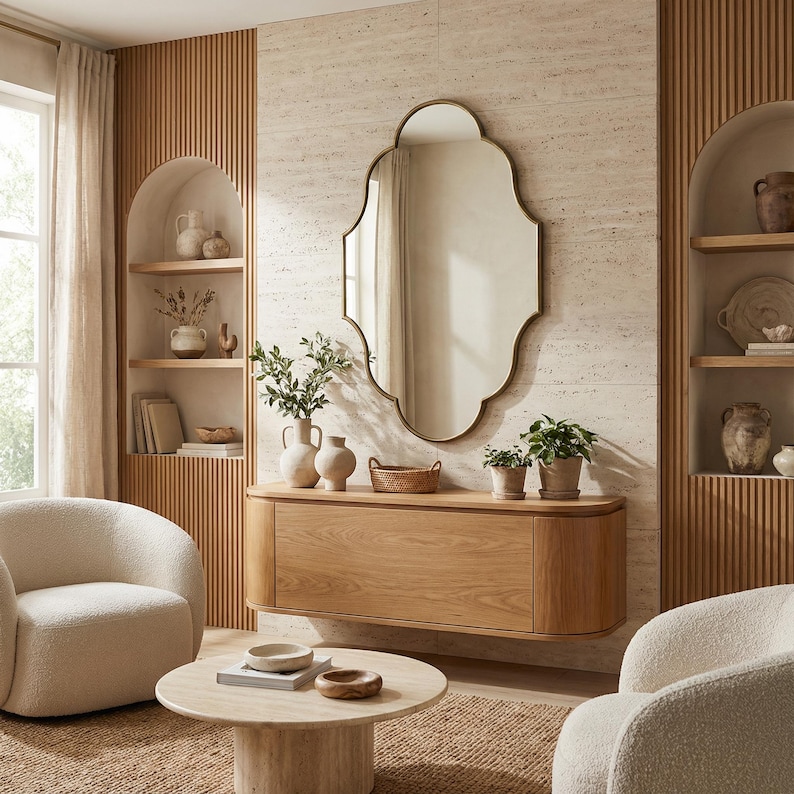 May include: A living room scene featuring a large, ornate gold-framed mirror. The room has a neutral color palette with wooden accents, including a floating cabinet and a round coffee table. Two cream-colored armchairs and a woven rug complete the space.