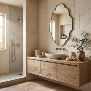 May include: A bathroom scene featuring a wooden vanity with a vessel sink, a decorative mirror, and a shower. The vanity has three drawers and is made of light-colored wood. The mirror has an ornate, gold-colored frame. The shower has gold-colored fixtures.