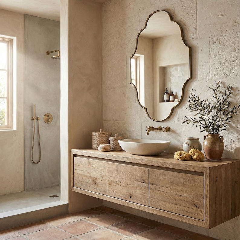 May include: A bathroom scene featuring a wooden vanity with a vessel sink, a decorative mirror, and a shower. The vanity has three drawers and is made of light-colored wood. The mirror has an ornate, gold-colored frame. The shower has gold-colored fixtures.