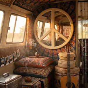 May include: Interior of a vintage van decorated in a bohemian style. A large white peace sign mirror hangs on the wall. Pillows, a guitar, and woven baskets are visible. Incense smoke drifts through the air, creating a relaxed atmosphere.