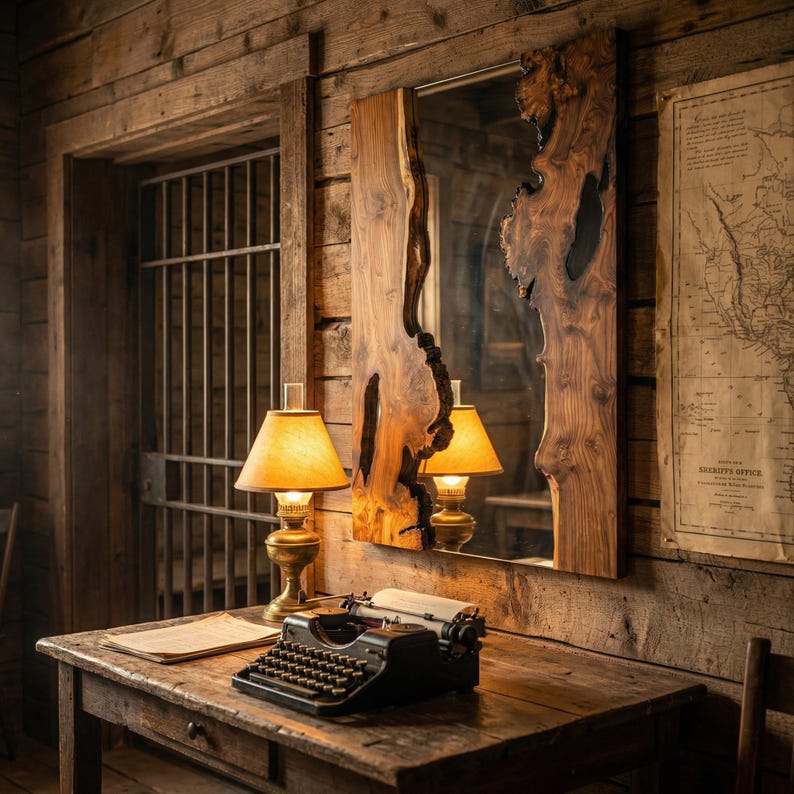 May include: A rustic interior scene featuring a wooden desk with a vintage typewriter and a pair of lamps with yellow shades. A large, live-edge wooden mirror hangs on the wall. The room has a vintage map and a barred door.