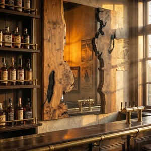May include: A rustic bar setting with a large, live-edge wooden mirror as a focal point. The mirror's natural wood grain and dark accents contrast with the warm lighting. Shelves of liquor bottles and brass fixtures add to the vintage aesthetic.