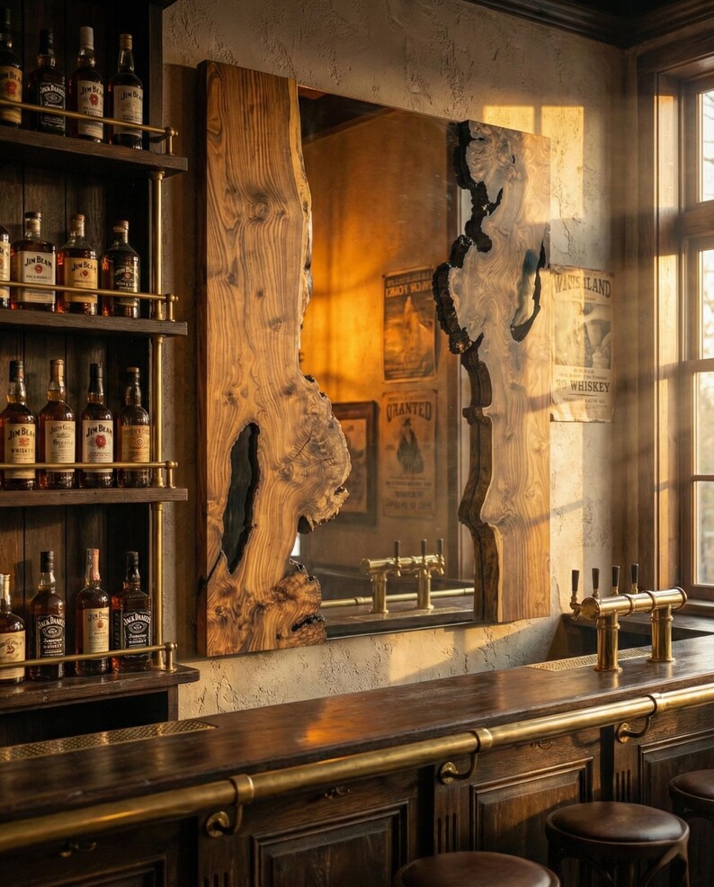 May include: A rustic bar setting with a large, live-edge wooden mirror as a focal point. The mirror's natural wood grain and dark accents contrast with the warm lighting. Shelves of liquor bottles and brass fixtures add to the vintage aesthetic.