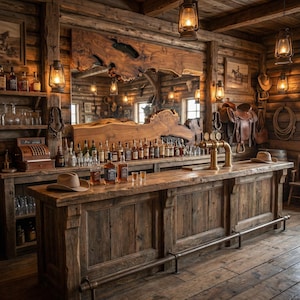 May include: Rustic wooden bar with a large mirror, bottles of liquor, and hanging lanterns. The bar has a weathered appearance, with a cowboy hat on the counter. The interior has a vintage, Western saloon theme.