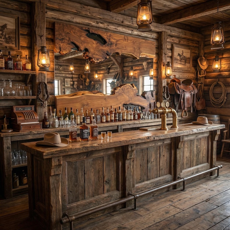 May include: Rustic wooden bar with a large mirror, bottles of liquor, and hanging lanterns. The bar has a weathered appearance, with a cowboy hat on the counter. The interior has a vintage, Western saloon theme.