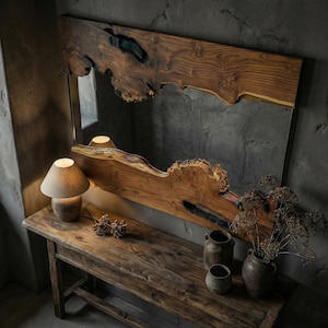 May include: A large, rectangular mirror with a live edge wooden frame. The frame is a warm brown color with a natural, organic shape. The mirror hangs above a rustic wooden console table, with a small lamp and pottery.