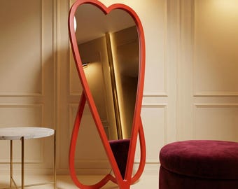 Heart Shaped Floor Mirror: Full Length Leaning Wavy Outline Sculptural Statement Piece Decorative Art